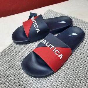 Nautica Spellout Logo Embossed Color Block Pool Slides Sandal Vacation 6 NEW